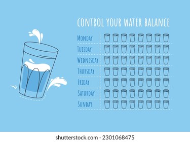 Water tracker vector template. Drinking water checklist. Water tracker with cool water glass. vector illustration. Doodle style. Flat style