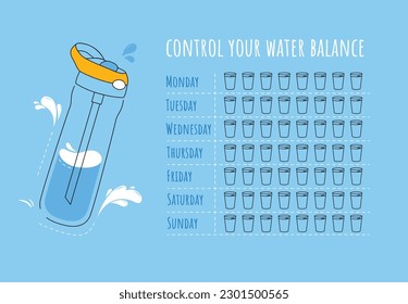 Plantilla vectorial del rastreador de agua. Lista de control del agua potable. Rastreador de agua con botella de agua fría. Ilustración vectorial. Estilo Doodle. Estilo plano