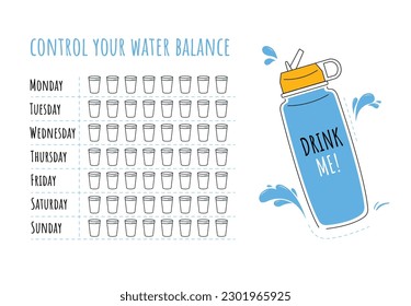 Water tracker vector template. Drinking water checklist. Water tracker with cool water bottle. Vector illustration. Doodle style. Flat style