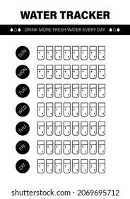 Water tracker for week or month. A4 printable poster, resizable vector template design. Drink more water challenge.
