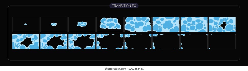 Water transition animation. liquid Transitions FX sprite sheet of ready for video game, cartoon, animation and motion design. colorful scene transition. eps 10 vector illustration.