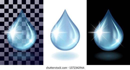 Water transparent blue drops and shadow on transparents, white and black background separately. Concept of the test, realistic vector illustration.