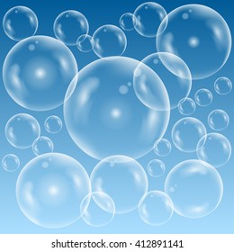 Water transparent bubbles on blue background. Vector illustration
