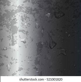 Water transparent drops on silver metal background in vector. Collection decor elements on old metal backdrop