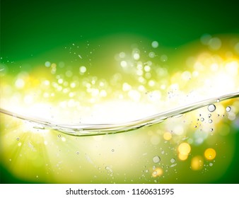 Water transparent surface with bubbles on green bokeh background in 3d illustration