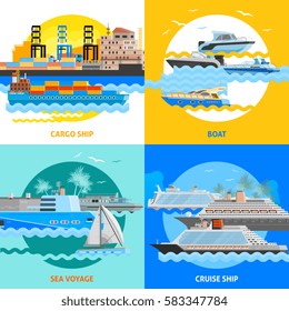 Water transport 2x2 flat design concept set of cargo ships boats cruise liners and sea voyage vector illustration