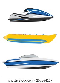 Water Transport Banana Boat, Luxury Boat And Water Scooter, Jet Ski Vector Icon Set Isolated , Water Sport