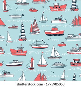 Water transport: boat, ship, yacht vector hand drawn doodle seamless pattern