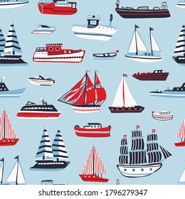 Water transport: boat, ship, yacht vector hand drawn doodle seamless pattern