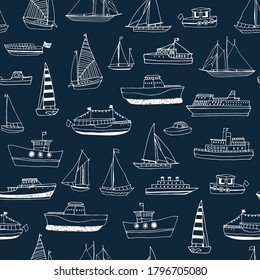 Water transport: boat, ship, yacht vector hand drawn line doodle seamless pattern