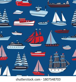 Water transport: boat, ship, yacht vector hand drawn doodle seamless pattern