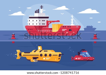 Water transport for carriage of goods, exploring sea. Concept ship, boat, submarine, bathyscaphe in the ocean. Vector illustration.