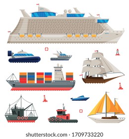 Water Transport Collection, Fishing Boat, Cruise Liner, Sailboat, Cargo Ship, Motorboat, Sea or Ocean Transportation Vector Illustration