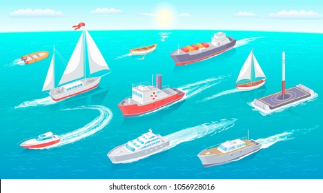 Water transport collection, floating water transport with flag and lifebuoy, set of vessels leaving traces, sun and clouds on sky vector illustration