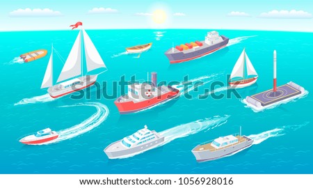 Water transport collection, floating water transport with flag and lifebuoy, set of vessels leaving traces, sun and clouds on sky vector illustration