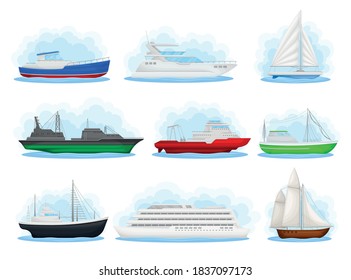 Water Transport with Cruise Ship and Sail Boat Vector Set