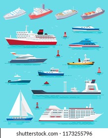 Water transport different kinds of ships and vessels vector. Cruise liner, yacht and sailing boat, cargo transportation. Buoys and voyages tours set