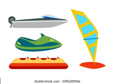 Water Transport With Equipment Cartoon Icons Set, Motor Boat Or Jet Ski, Inflatable Banana And Windsurfing Board Isolated On White, Vector Illustration.