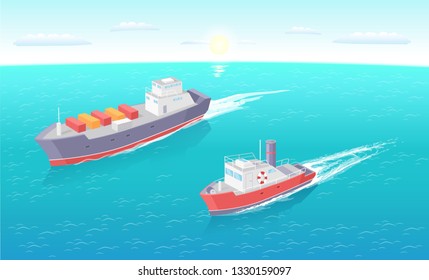 Water transport ferries with cargo set vector. Vessels transporting goods, fast shipment and delivery of products. Yacht for sea rides for people