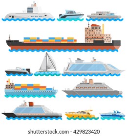 Water transport flat decorative icons set of dry cargo ships cruise liners yachts sailboats isolated vector illustration  