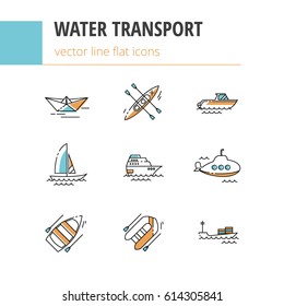 Water transport. Flat linear vector icons with the addition of color.