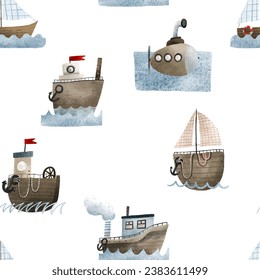 Water transport floating on blue waves. Different boats, sail, ships and submarine. Hand painted isolated seamless pattern, isolated design