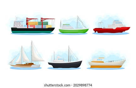 Water Transport with Freighter Ship and Sail Boat Vector Set