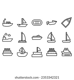 Water Transport Icons, concept Monoline Icons created on 64x64 pixel aligned, perfect grid giving a clean and crisp appearance. Adjustable punch weight.