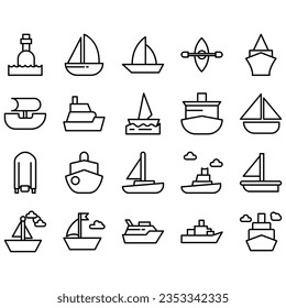 Water Transport Icons, concept Monoline Icons created on 64x64 pixel aligned, perfect grid giving a clean and crisp appearance. Adjustable punch weight.
