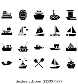 Water Transport Icons, concept Monoline Icons created on 64x64 pixel aligned, perfect grid giving a clean and crisp appearance. Adjustable punch weight.