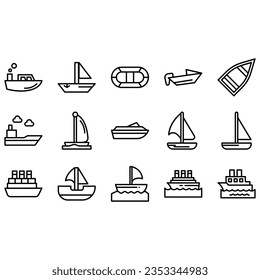Water Transport Icons, concept Monoline Icons created on 64x64 pixel aligned, perfect grid giving a clean and crisp appearance. Adjustable punch weight.