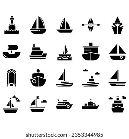 Water Transport Icons, concept Monoline Icons created on 64x64 pixel aligned, perfect grid giving a clean and crisp appearance. Adjustable punch weight.
