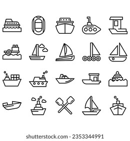 Water Transport Icons, concept Monoline Icons created on 64x64 pixel aligned, perfect grid giving a clean and crisp appearance. Adjustable punch weight.