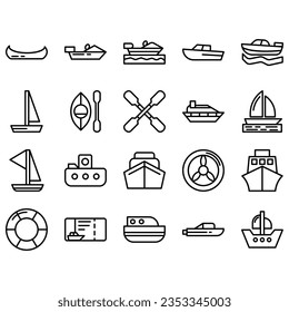 Water Transport Icons, concept Monoline Icons created on 64x64 pixel aligned, perfect grid giving a clean and crisp appearance. Adjustable punch weight.