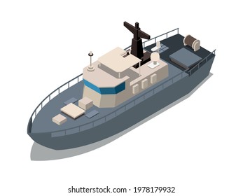 Water transport isometric icon with fishing boat vector illustration