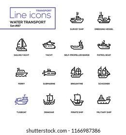 Water transport - line design icons set. Tugboat, dredging vessel, sailing yacht, self-propelled barge, patrol boat, ferry, submarine, brigantine, schooner, drakkar, pirate, survey and military ship