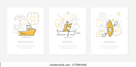 Water transport - line design style banners set with place for text. Rescue boat, kayaking, boating illustrations. Leisure activity and different modes of transportation idea. Adventure and vacation