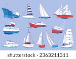 Water transport mega set elements in flat design. Bundle of cruise liner, ships, sailboats, frigate, yachts and other floating or shipping marine vehicles. Vector illustration isolated graphic objects