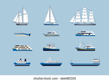 Water Transport - modern vector flat design icons set. Yacht, car carrier, passenger vessel, sailing, ensign ship, tugboat, motorboat, speed boat. Pierce through seas and oceans.