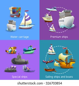 Water transport realistic icons set with water carriage premium special and sailing ships isolated vector illustration 