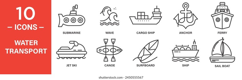 water transport related vector icon set includes submarine, wave, cargo ship, anchor, ferry, jet ski, canoe, surfboard, and more icons