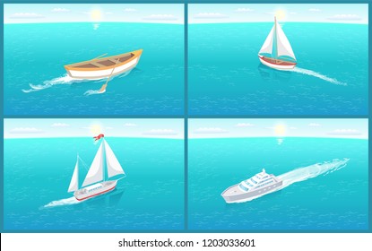 Water transport rowing boat made of wood set vector. Ship for sailing with ribbon on top. Cruise liner for people transportation in comfort safety