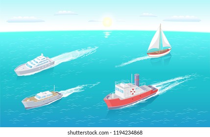 Water transport sailing boat and motor ship set of sea and ocean transportation means vector. Ferry with inflatable lifebuoy saving ring, yacht rides