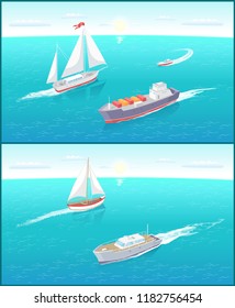 Water transport and sailing boats and ferry set vector. Vessels with cargo and goods in boxes for transportation. Motor ship with engine for rides