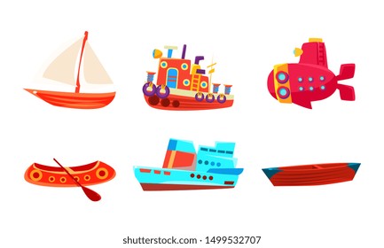 Water Transport Set, Colorful Toy Boat, Yacht, Ship, Submarine, Steamboat Vector Illustration