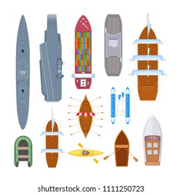 Water transport set of different modern warship, ferry, marine transport. Shipping boat with military training ground. Top view sea ship and shipping boat, marine object. Vector illustration.