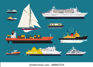 Water transport. Set of flat design vector ships and boats featuring cruise liner, sailing yacht, motor yacht, scooters, fishing boat, icebreaker, ferry, cargo ship, etc.