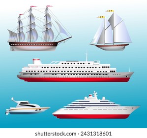 Water transport. Set of ships on a blue background. Sailboats and cruise ships vector realistic illustration