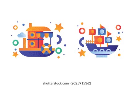 Water Transport Set, Steamboat, River Boat Icons Flat Vector Illustration