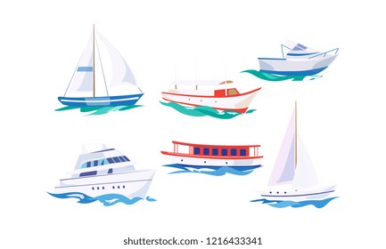 Water transport set, yacht, motorboat, steamship, fishing boat, cruise ship vector Illustration on a white background